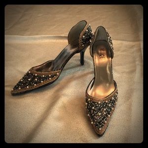 “Rouge Helium” sequined and beaded heels